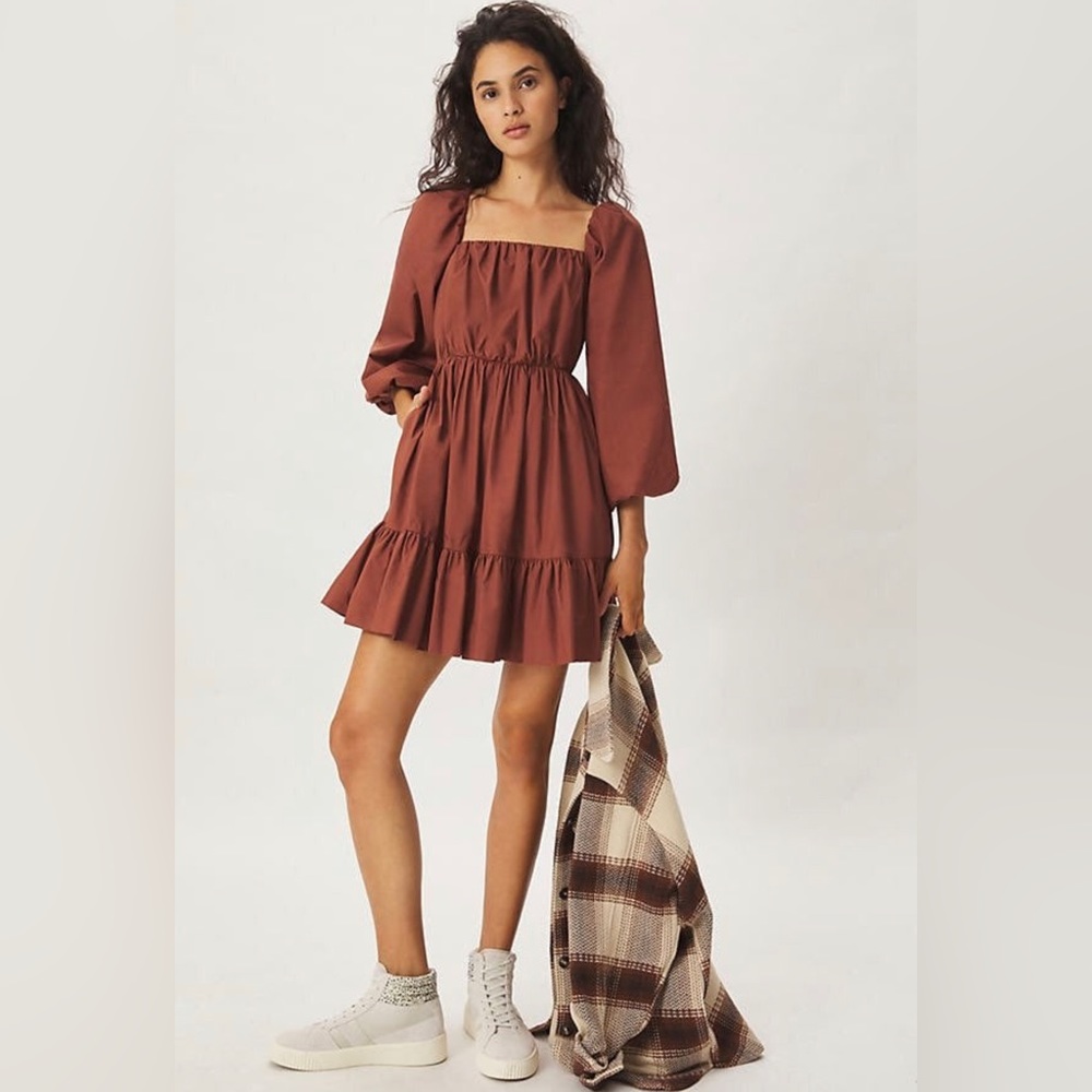 Anthropologie Rust Brown Tiered Mini Dress - Picture 10 of 15